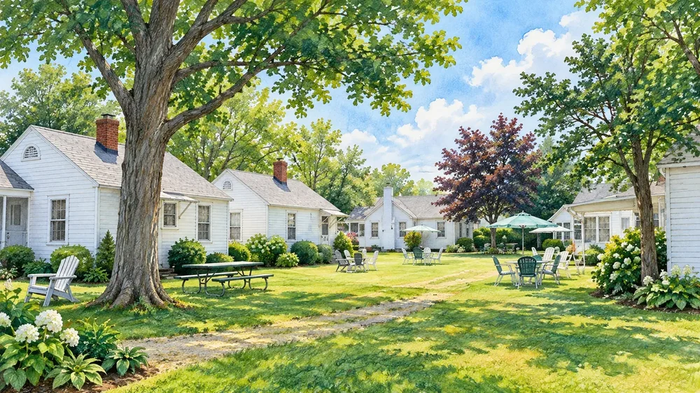 Kramer Cottages courtyard in Geneva-on-the-Lake, illustrated from a real location photograph