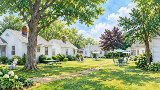 Kramer Cottages courtyard in Geneva-on-the-Lake, illustrated from a real location photograph