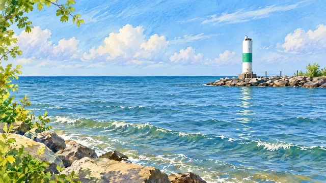 Geneva Marina breakwater navigation light on Lake Erie, illustrated from a real location photograph