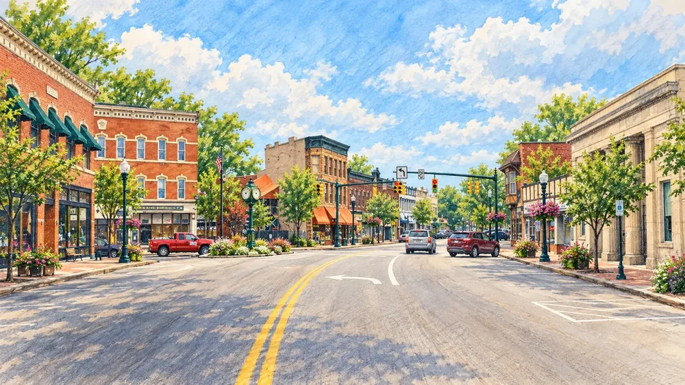 South Broadway in downtown Geneva, Ohio, illustrated from a real location photograph