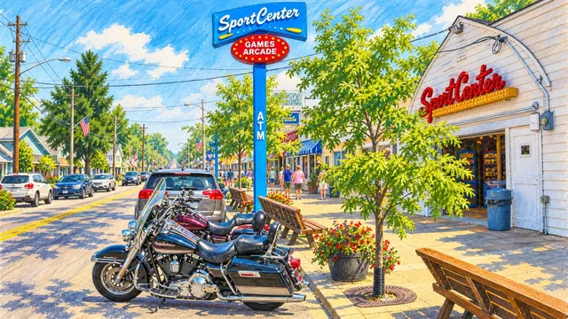 Arcade storefronts and parked motorcycles on the Geneva-on-the-Lake Strip, illustrated from a real location photograph