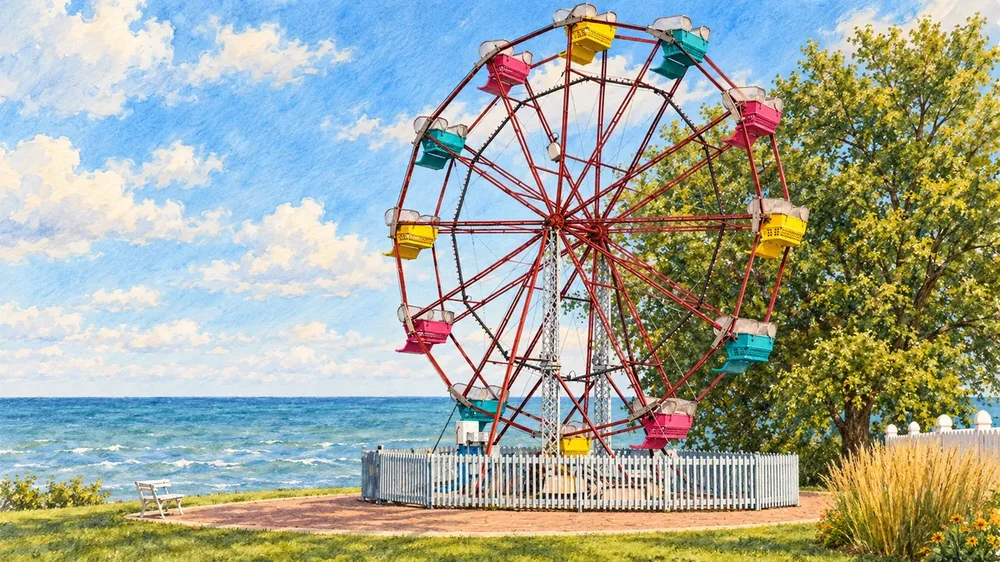 Historical illustration of the Old Firehouse Winery Ferris wheel before the 2026 storm damage