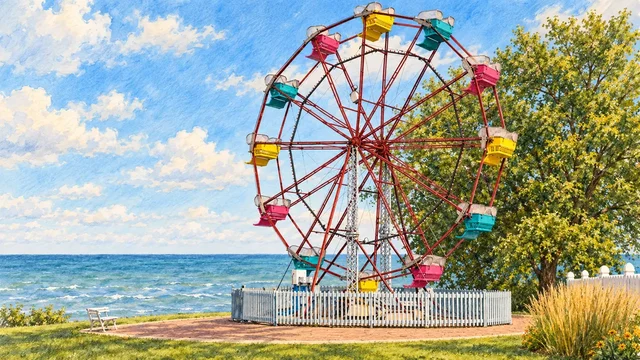 Historical illustration of the Old Firehouse Winery Ferris wheel before the 2026 storm damage