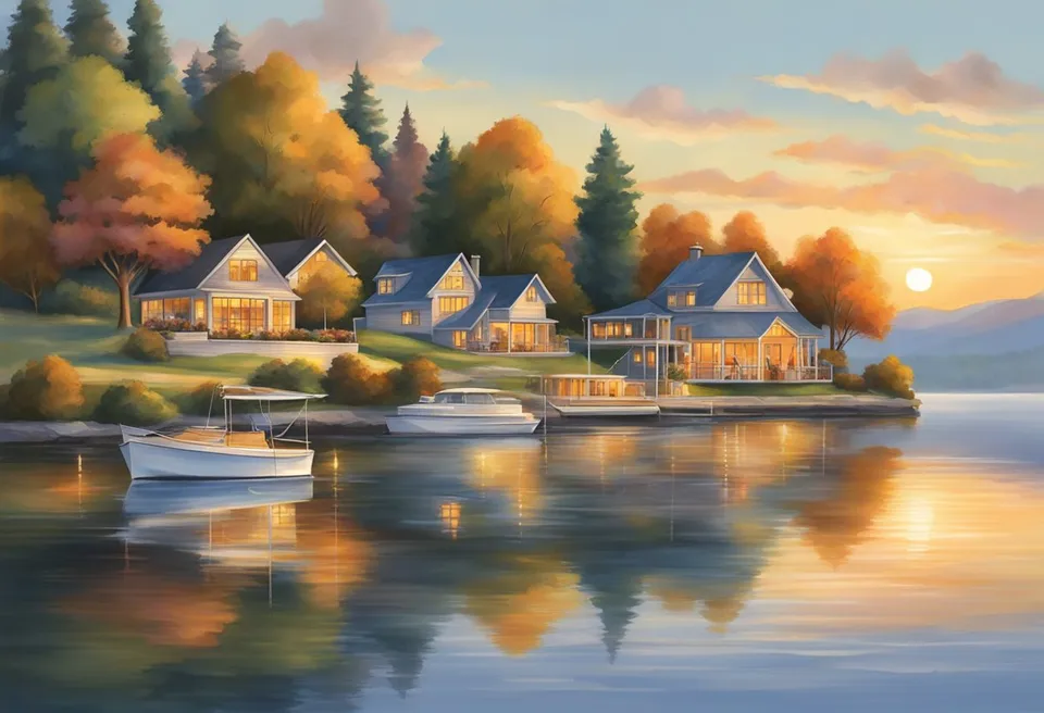 The sun sets behind the serene lake, casting a warm glow on the charming cottages and inviting restaurants nestled along the shoreline. A gentle breeze rustles the trees, creating a peaceful atmosphere for visitors to unwind and enjoy the beauty of Geneva On The Lake