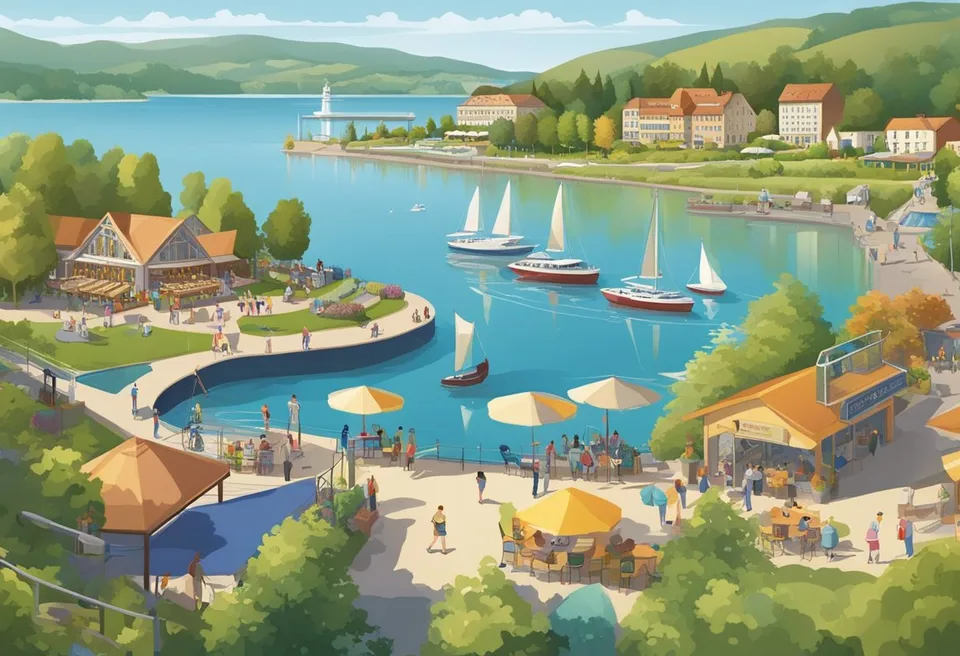 Visitors explore wineries, beaches, and adventure parks near Geneva On The Lake. The scene includes vineyards, water activities, and thrill rides