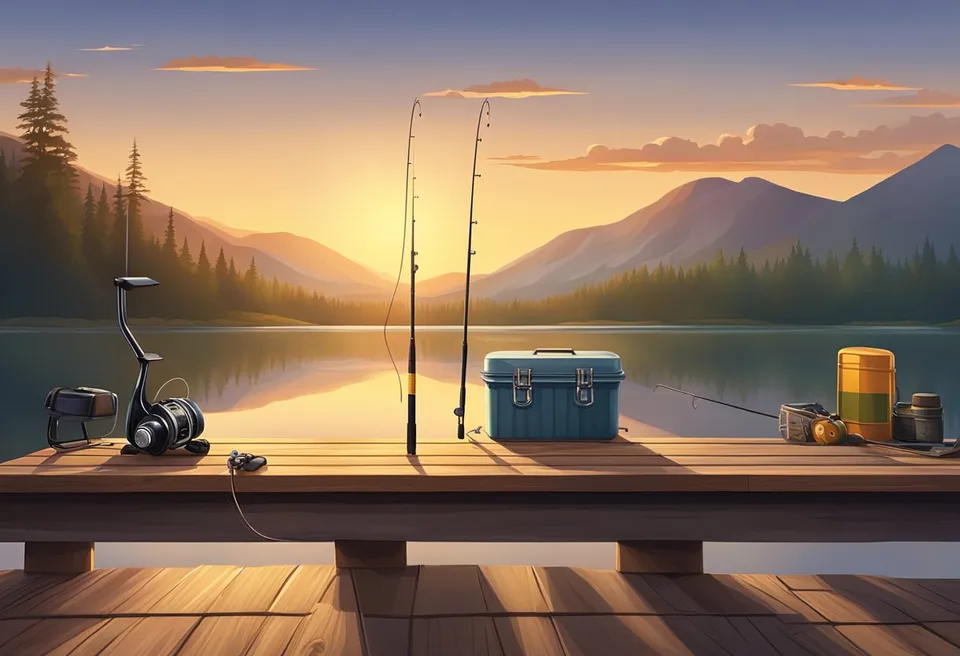 A fishing rod, tackle box, and bait sit on a wooden dock overlooking calm waters. The sun sets behind the hills, casting a warm glow over the tranquil scene