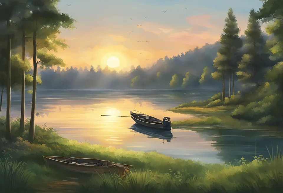 A serene lake surrounded by lush greenery, with a few fishing boats scattered along the shore and the sun setting in the distance