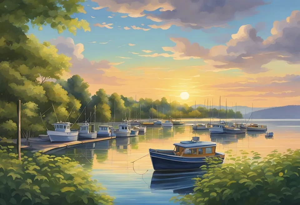 The sun sets over calm waters, with fishing boats dotting the horizon. Lush greenery lines the shore, creating a serene backdrop for the best fishing spots in Geneva-on-the-Lake