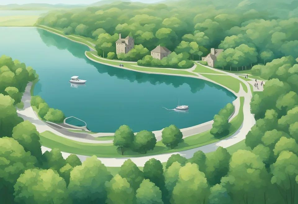 A serene lake surrounded by lush greenery, with clear signage indicating fishing regulations and conservation efforts in Geneva-on-the-Lake