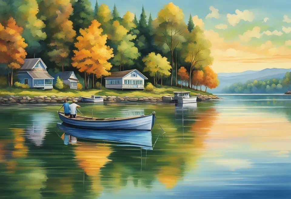 The serene lake reflects the colorful sky as fishing boats dot the water. Lush greenery surrounds the area, creating a picturesque backdrop for anglers seeking the best spots in Geneva-on-the-Lake