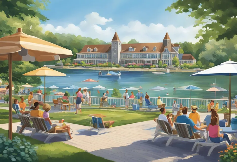 The scene is set at The Abbey Resort at Geneva-on-the-Lake, with people enjoying recreational activities such as swimming, boating, and lounging by the waterfront. The resort