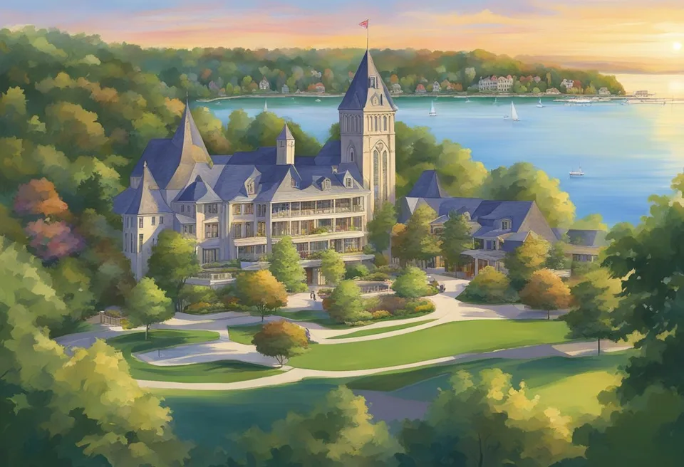 The sun sets over the sprawling Abbey Resort, nestled on the shores of Geneva-on-the-Lake. The main building and surrounding cottages are surrounded by lush greenery and overlook the tranquil waters of Lake Erie