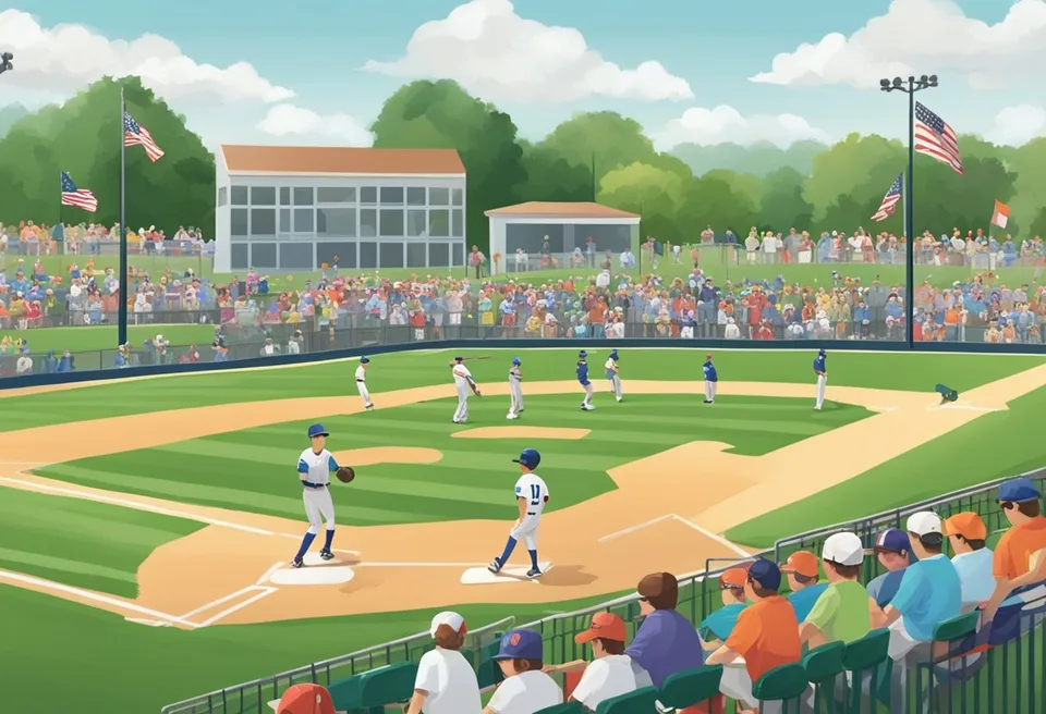 Players compete on the green field of Geneva Ohio Little League Baseball, with spectators cheering from the stands