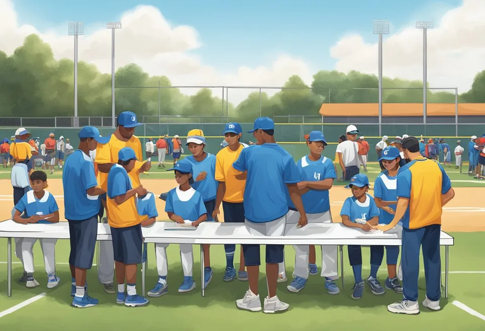 Players lining up with parents, filling out forms at a registration table in a baseball field. Coaches and volunteers organizing equipment in the background