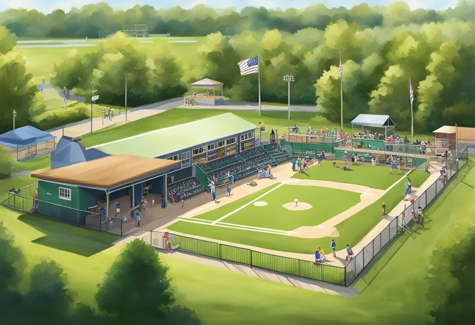 A sunny day at Geneva Ohio Little League Baseball fields, with children playing on well-maintained diamonds, surrounded by bleachers and a snack bar