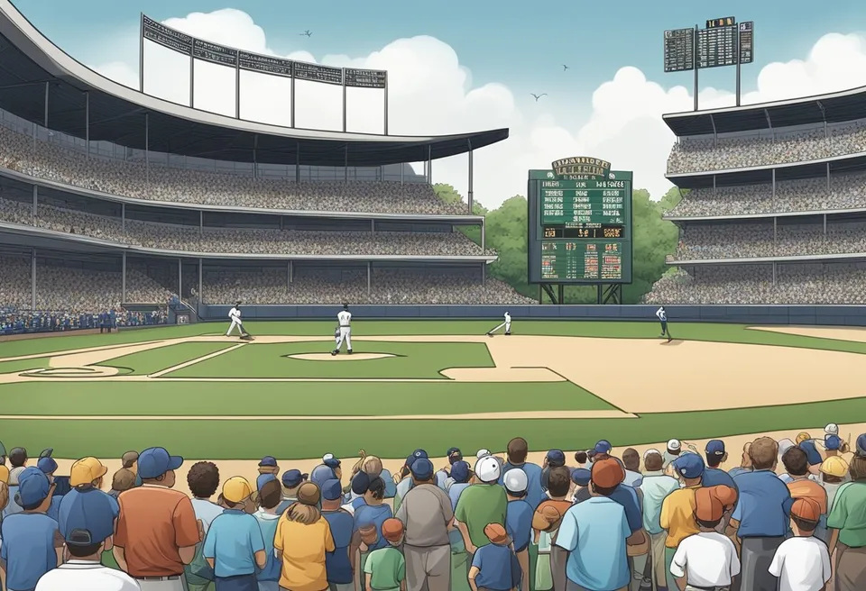 The baseball field is filled with young players, coaches, and cheering parents. The scoreboard displays the current score while the players eagerly await their turn at bat