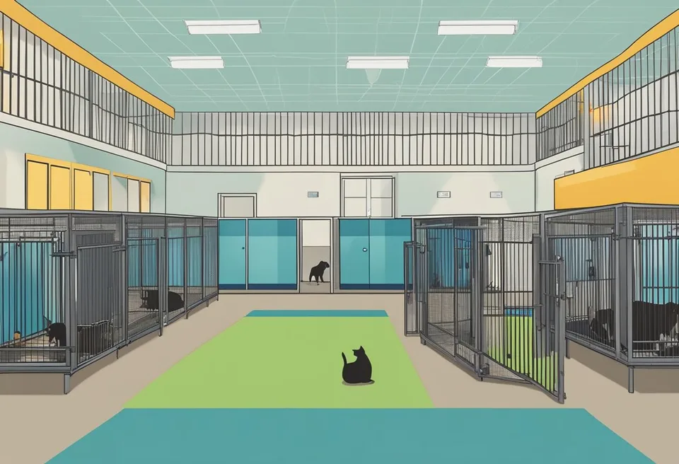 Animals at Geneva Ohio Animal Shelter wait in clean, spacious enclosures. Brightly colored signs display contact information for potential adopters