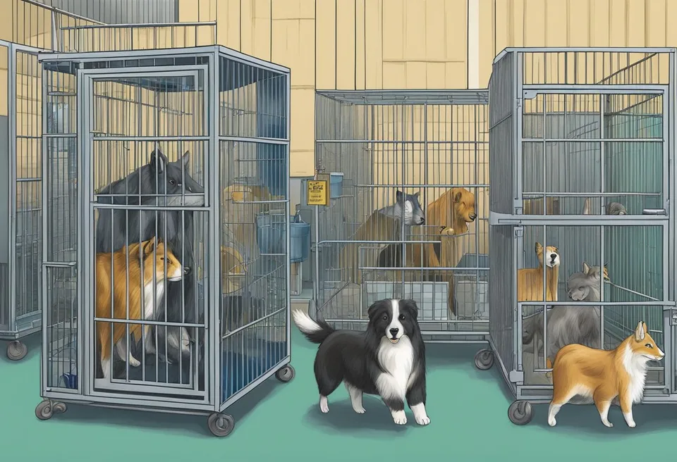 Animals in cages, staff cleaning, signs with shelter policies
