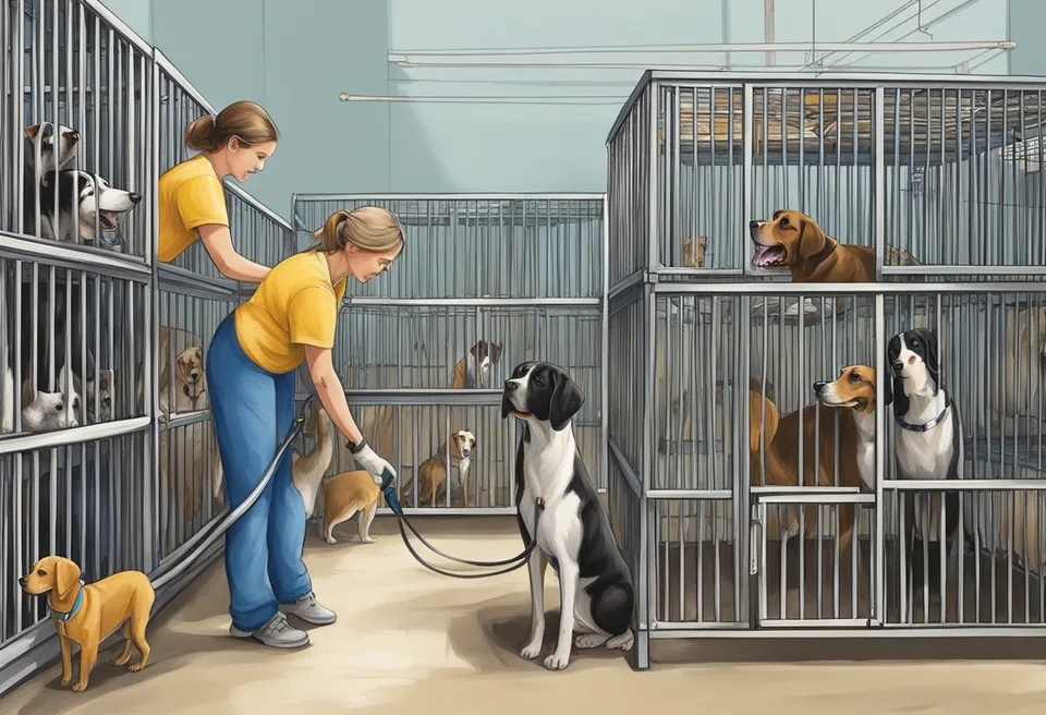 Animals in cages, staff cleaning, volunteers playing with dogs, sign with Shelter Services Geneva Ohio Animal Shelter