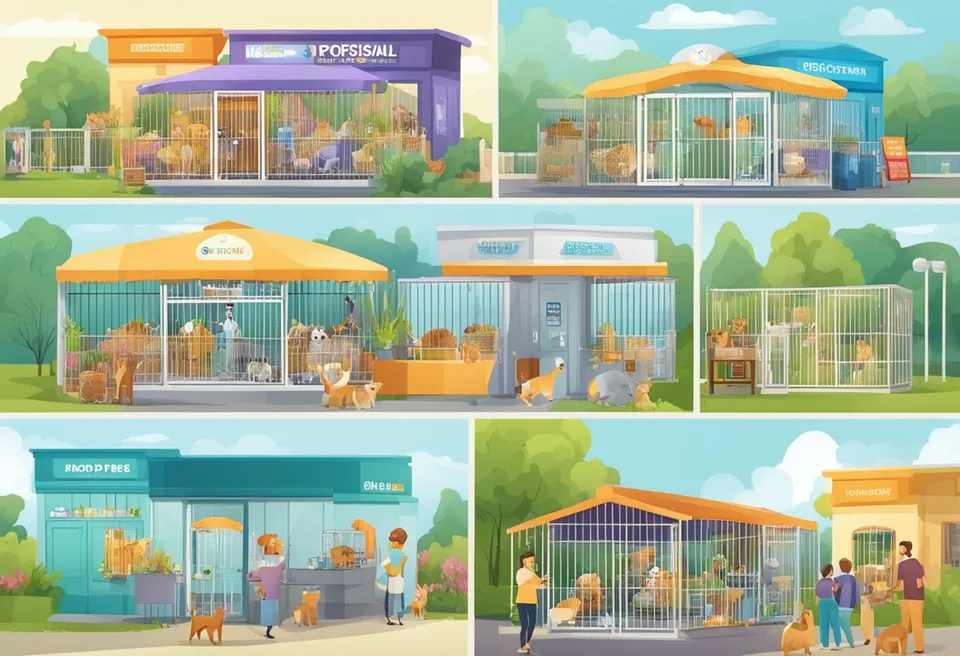 Animals in cages, colorful signage, staff assisting customers, happy pets being adopted