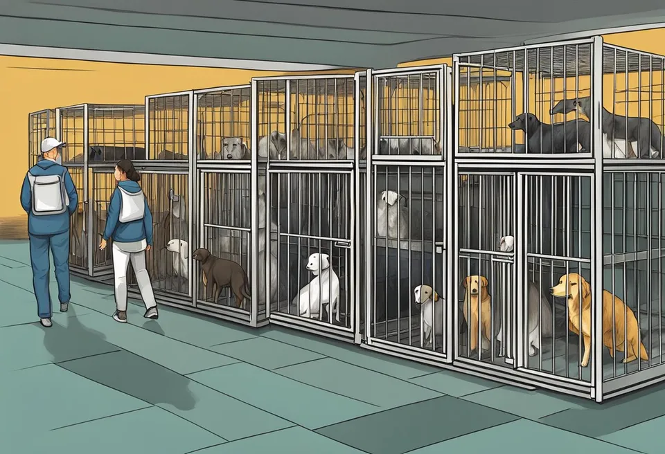 Animals in cages, a busy shelter staff, volunteers walking dogs