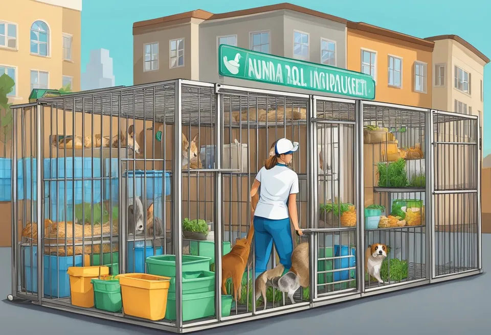 Animals in cages, food and water bowls, volunteers cleaning, donation boxes, and a sign with contact information