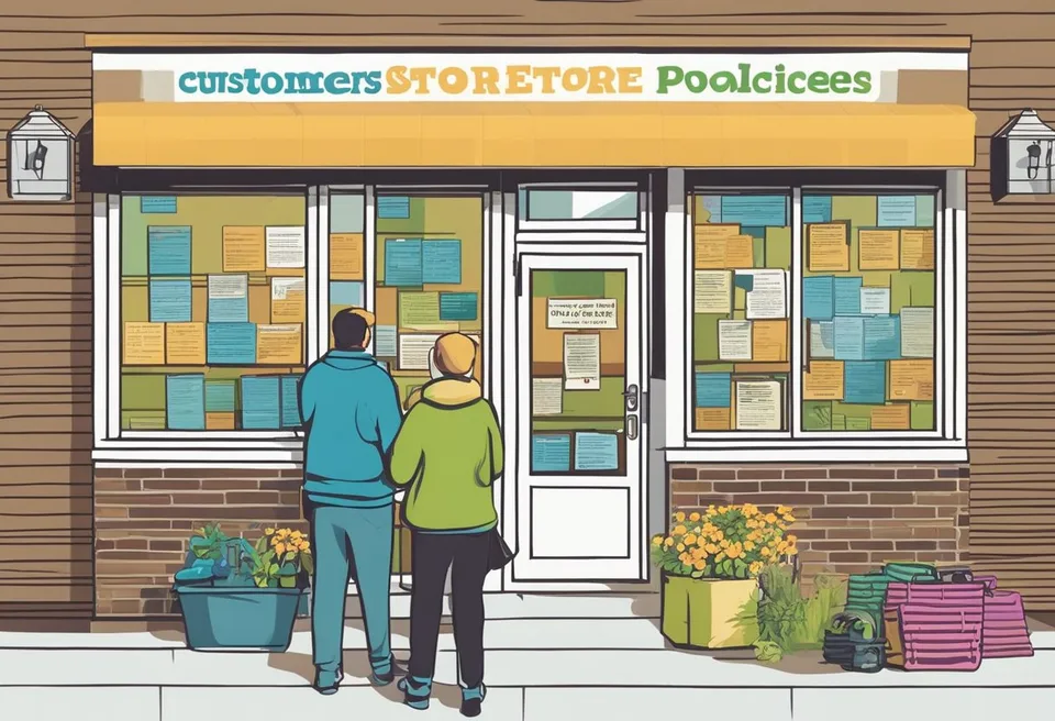 Customers reading store policies posted near entrance of Geneva Ohio Thrift Store. Clear, legible signs with bullet points. Bright, clean environment