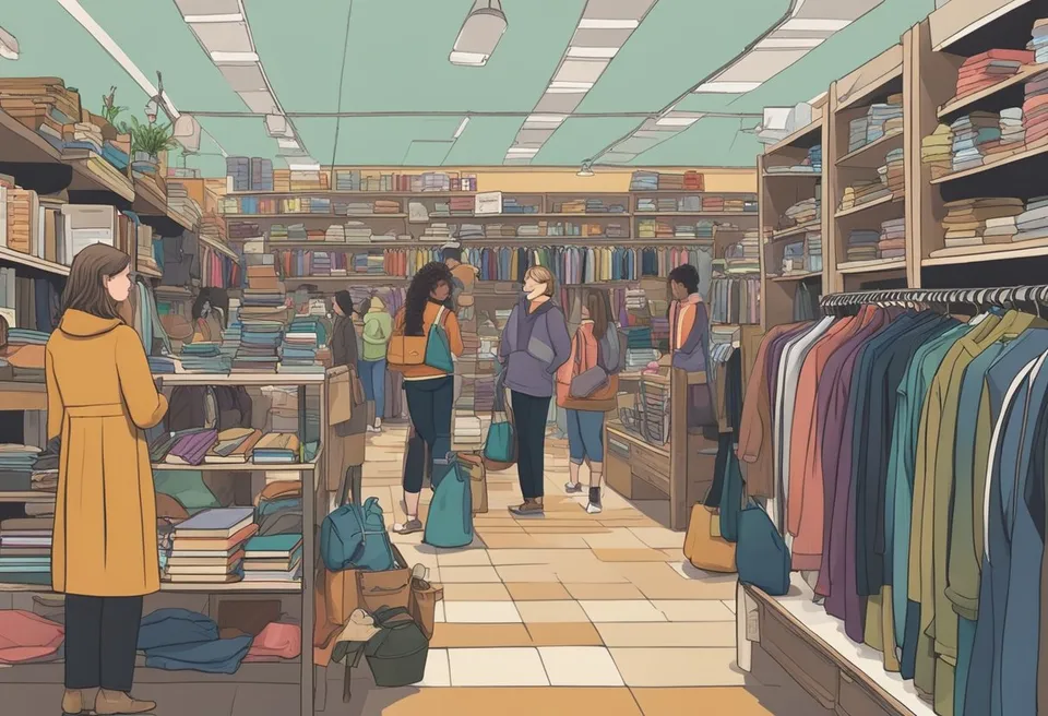 A busy thrift store in Geneva, Ohio. Shelves lined with clothes, books, and trinkets. People browsing and chatting with staff