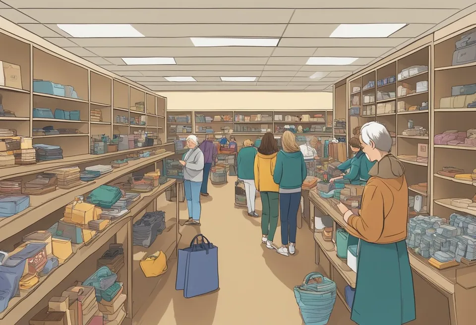 A bustling thrift store in Geneva, Ohio with shelves lined with eclectic items and customers browsing through the aisles. The cashier rings up a purchase while a volunteer organizes donations in the back