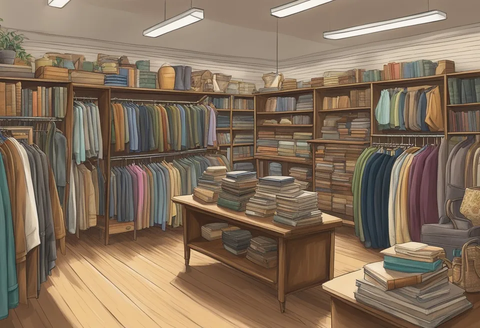 A cozy thrift store in Geneva, Ohio, filled with racks of vintage clothing, shelves of knick-knacks, and tables of used books and home goods