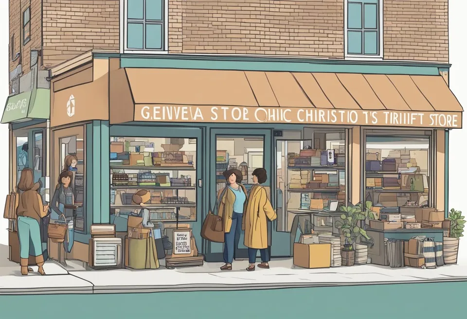 A sign reading "Geneva Ohio Thrift Store" hangs above a bustling storefront. Customers browse racks of clothing and shelves of household items. A friendly cashier assists a customer at the checkout counter
