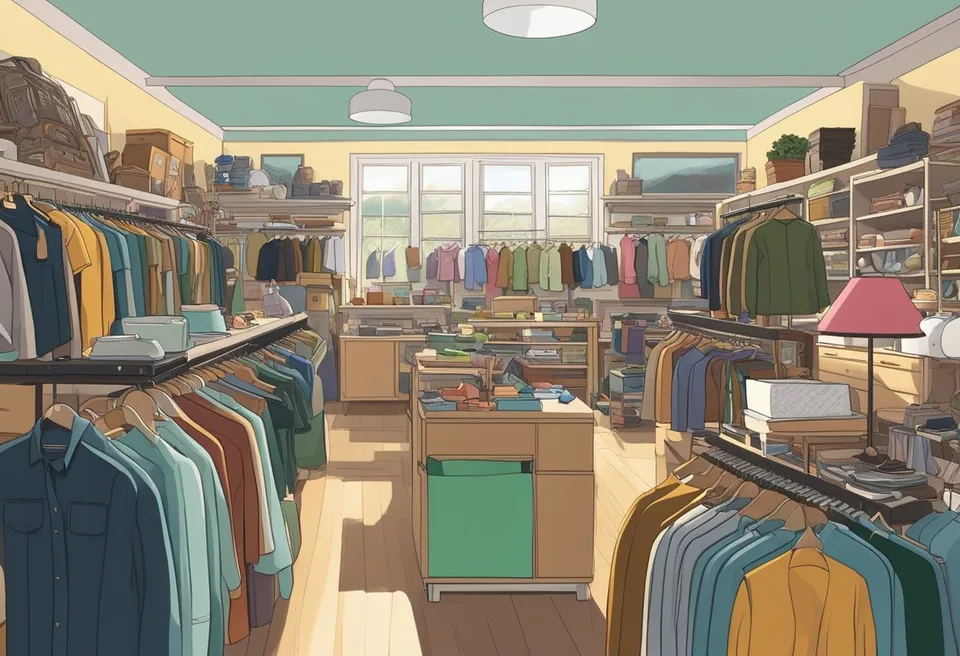 A cluttered thrift store in Geneva, Ohio. Racks of clothing, shelves of knick-knacks, and assorted furniture fill the space, with sunlight streaming through the windows