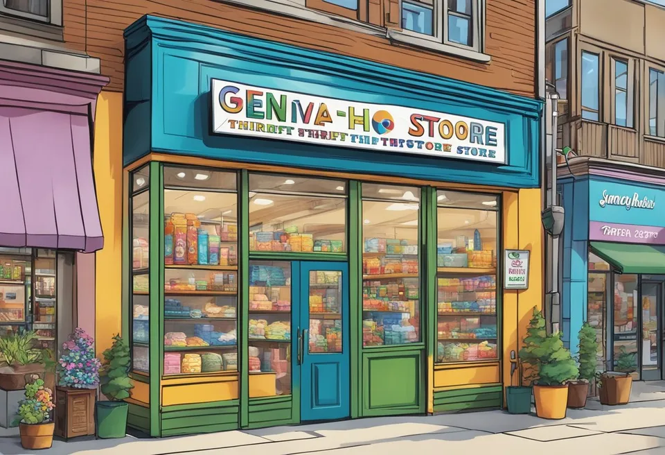 A colorful storefront with a large sign reading "Geneva Ohio Thrift Store" surrounded by various sponsored logos and advertisements