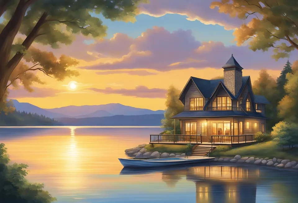 The sun sets over the tranquil waters of Geneva On The Lake, casting a warm glow on the historic Edgewater Lodge nestled among the trees
