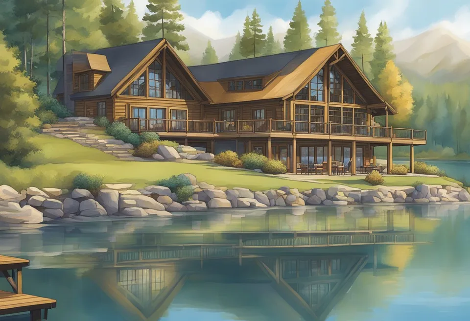 The sun sets behind Edgewater Lodge, casting a warm glow on the tranquil lake. The silhouette of the lodge stands tall against the colorful sky, with lush trees framing the picturesque scene