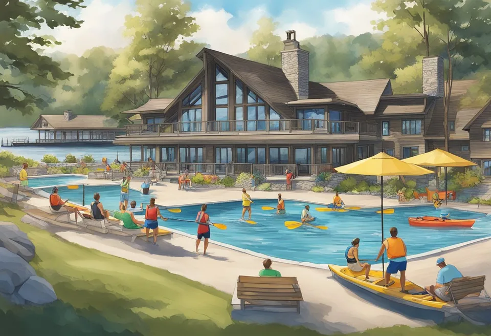 Guests enjoy kayaking on the serene lake, playing beach volleyball, and lounging by the outdoor pool at Edgewater Lodge in Geneva on the Lake