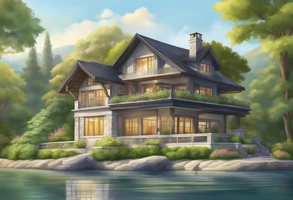 A serene lakeside lodge with a charming facade, set against a backdrop of lush greenery and the tranquil waters of Lake Geneva