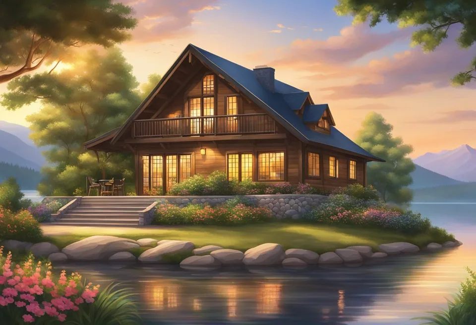 The lodge sits on a serene lake, surrounded by lush greenery and colorful flowers. The sun sets behind the mountains, casting a warm glow over the tranquil scene