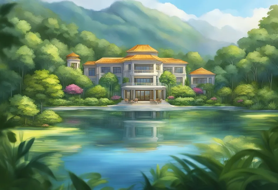 A serene lake surrounded by lush greenery, with a grand resort nestled in the backdrop, offering a peaceful and luxurious getaway