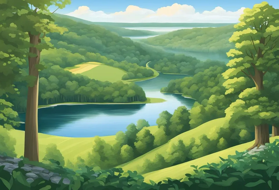 A serene landscape with rolling hills, lush forests, and a tranquil lake, showcasing the natural beauty and historical significance of Ohio