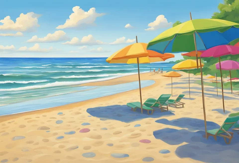 Golden sand, gentle waves, and colorful umbrellas dot the shoreline of a pristine Ohio beach. A clear blue sky and lush greenery complete the idyllic scene