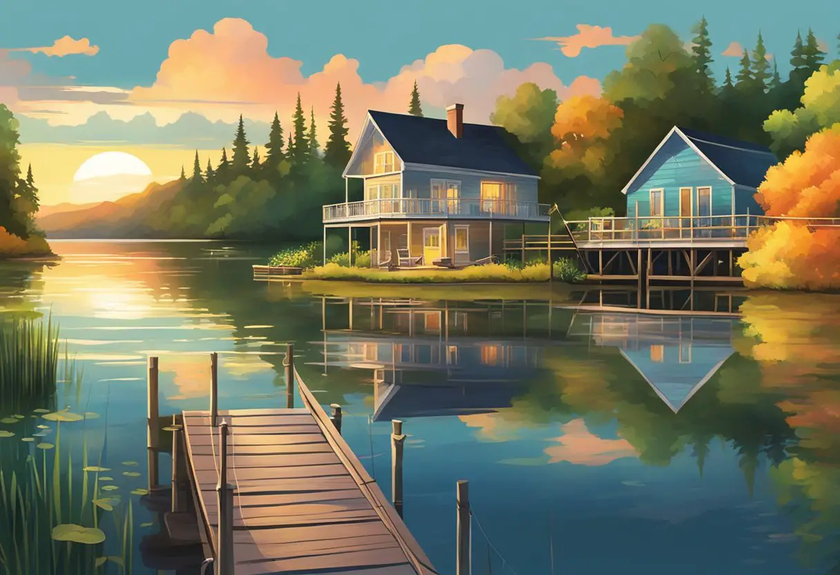 Sunset over calm lake, with fishing rods casting lines from the pier. Lush greenery and quaint cottages dot the shoreline. Sparkling water reflects the vibrant sky