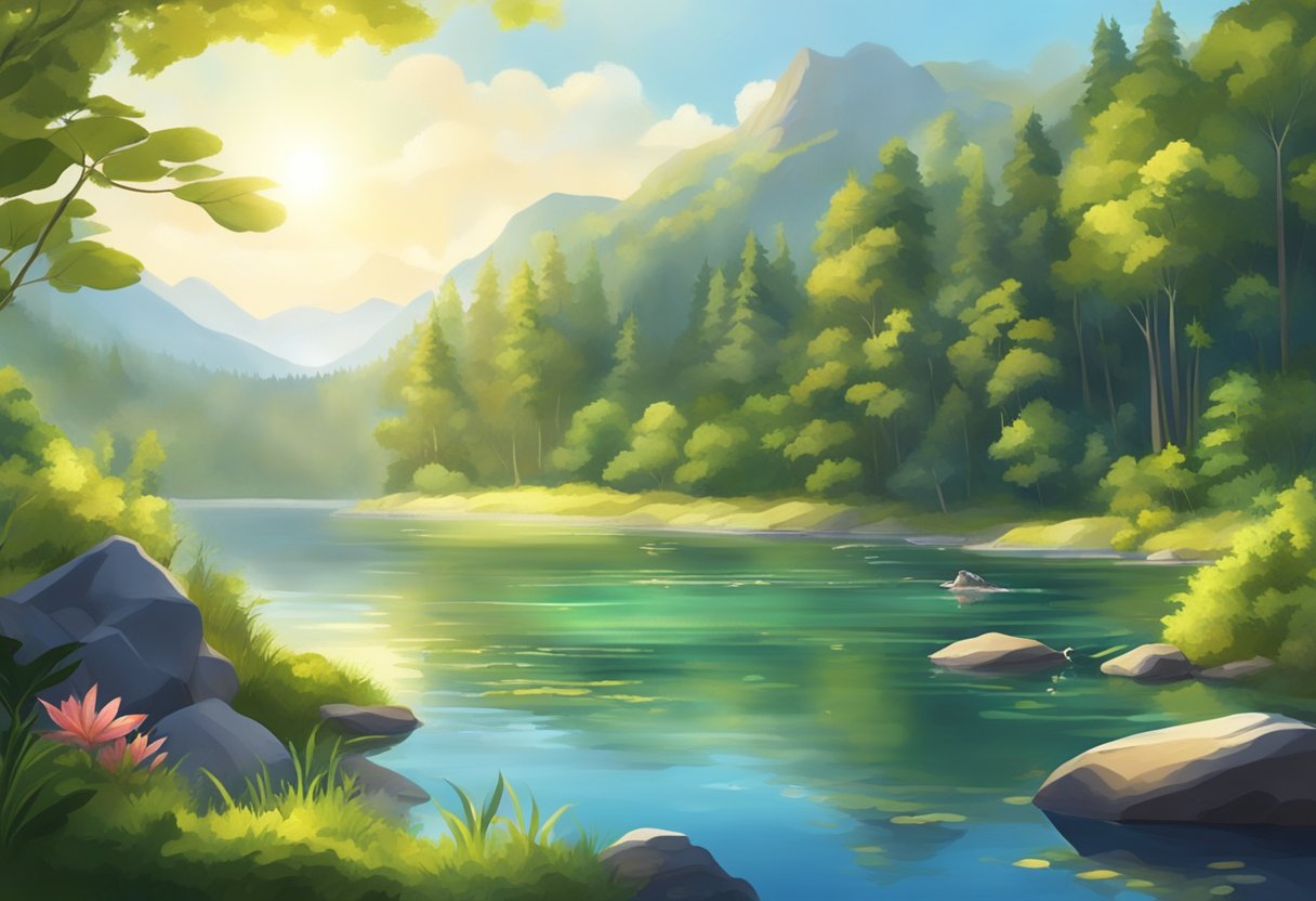 A serene lake with vibrant fish species, surrounded by lush greenery and rocky shores. Sunlight reflects off the water, creating a peaceful atmosphere for fishing