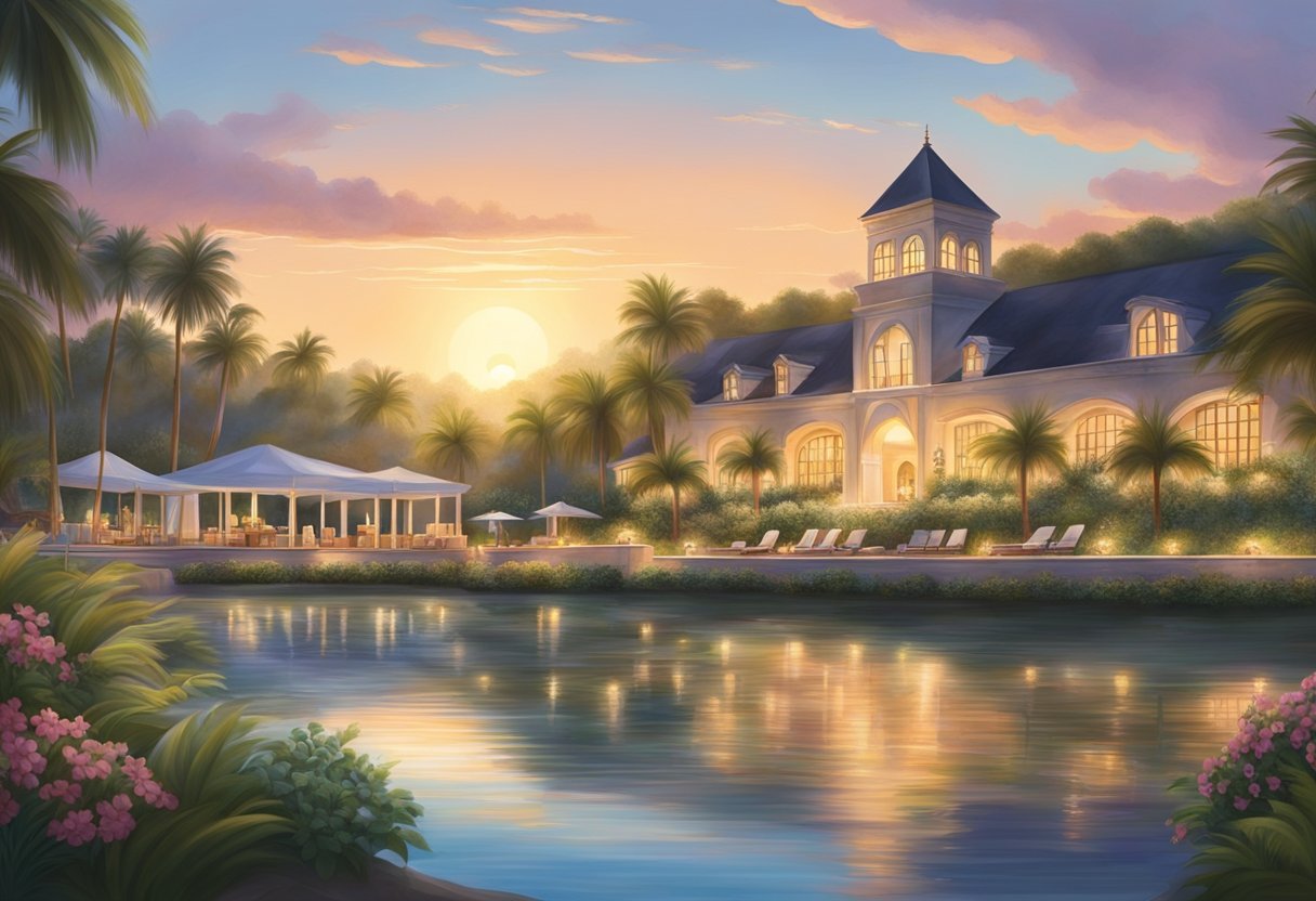 The scene depicts a serene lakeside resort with lush greenery, a peaceful beach, and a luxurious spa. The sun sets behind the grand Abbey Resort, casting a warm glow over the tranquil setting