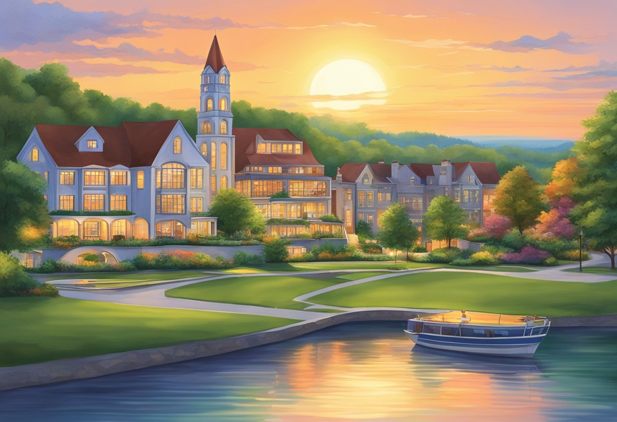 The sun sets over the tranquil waters of Lake Erie, casting a warm glow on the Abbey Resort nestled among lush greenery and charming buildings