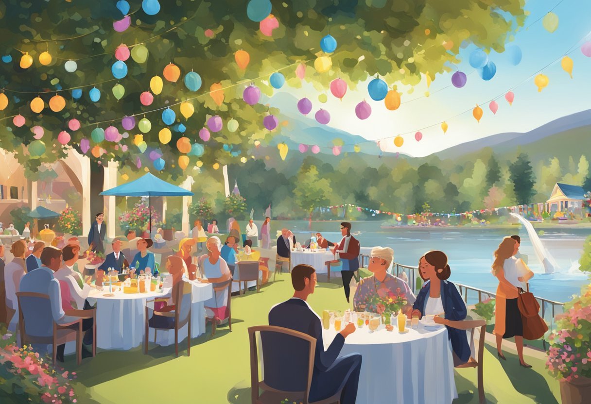 A festive scene at The Abbey Resort: colorful decorations, lively music, and guests enjoying food and drinks in a lakeside setting