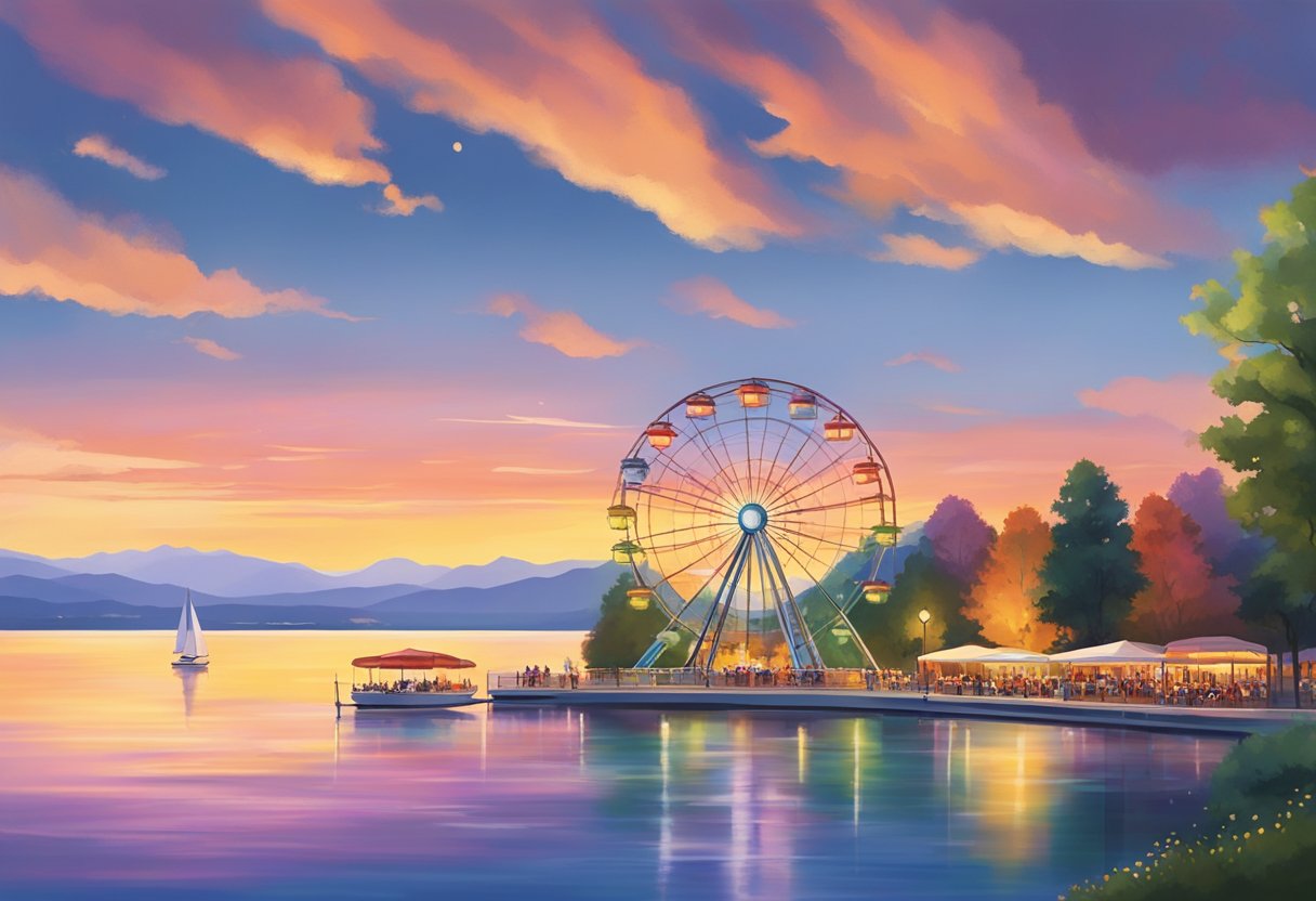 The sun sets over the calm waters of Geneva On The Lake. A colorful Ferris wheel spins against the twilight sky, while families enjoy picnics and games on the grassy shores