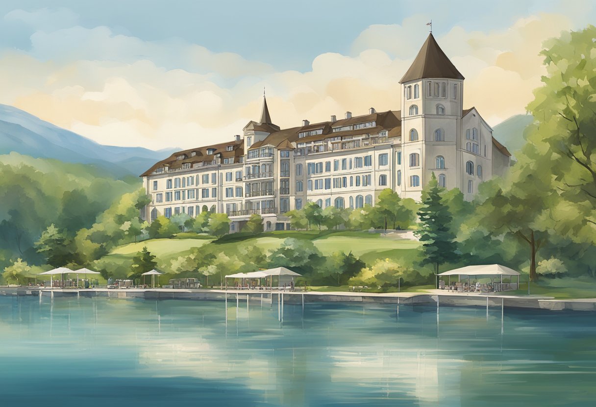 The Abbey Resort stands tall against a backdrop of serene Lake Geneva, surrounded by lush greenery and a tranquil atmosphere