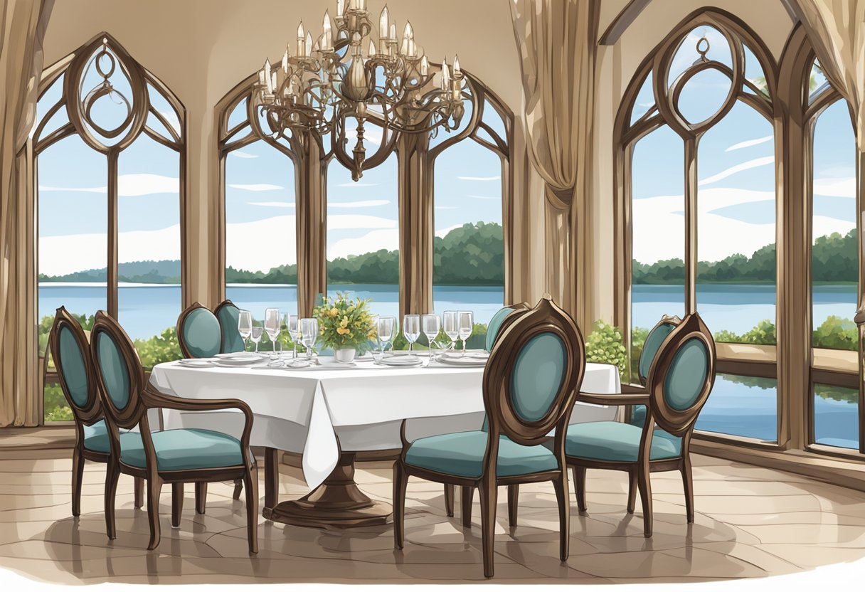 A table set with elegant dinnerware and glasses, surrounded by plush chairs and overlooking a serene lake at The Abbey Resort