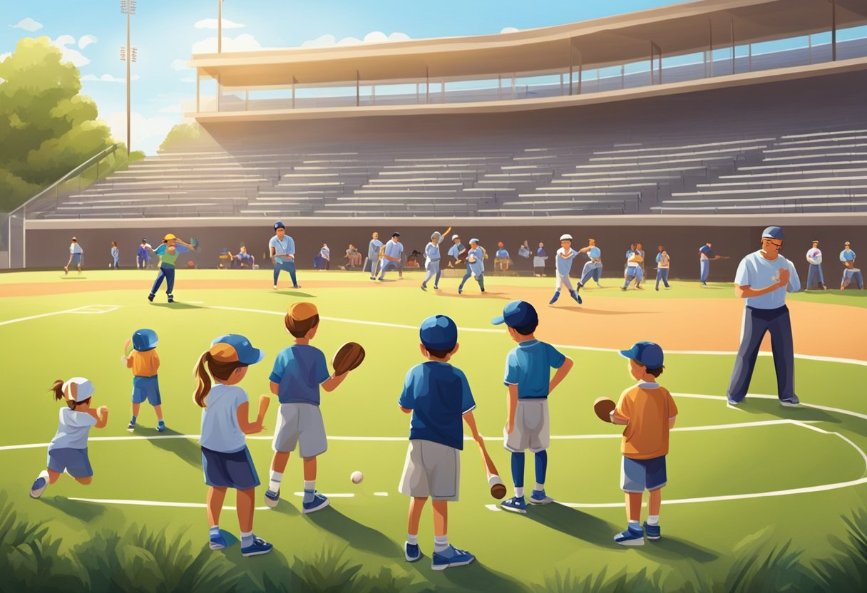 Children practicing baseball drills on a sun-drenched field, coaches instructing and encouraging them. Parents watch from the bleachers, cheering on their young athletes
